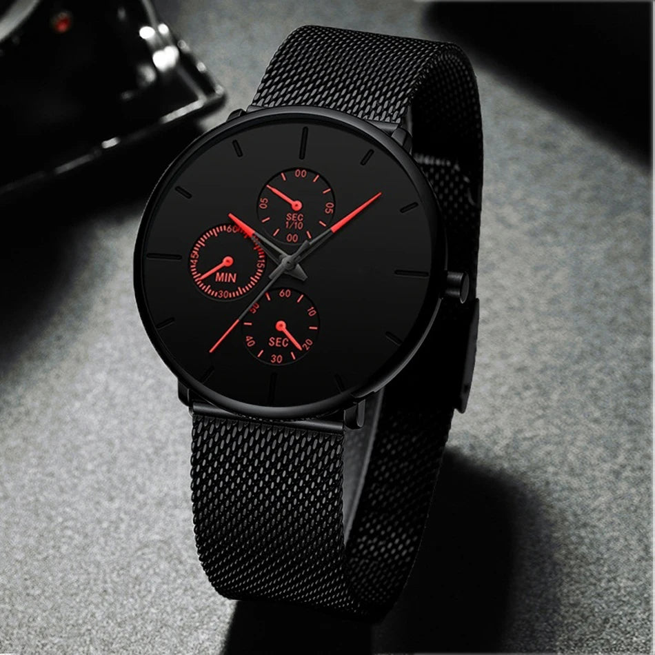 Fashion Mens Business Black Watches Luxury Stainless Steel Ultra Thin Mesh Belt Quartz Men Wrist Watch Casual Classic Male Watch