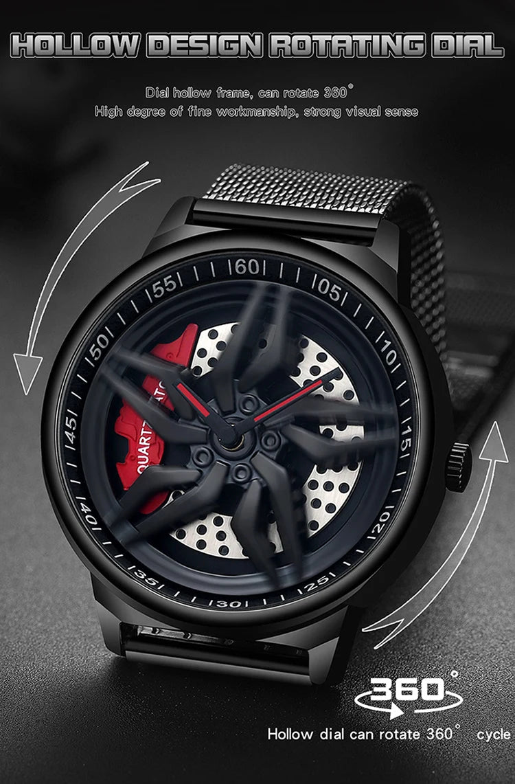 Montre de roue de voiture étanche à cadran rotatif pour hommes, horloge de sport à quartz en acier, montre-bracelet créative avec moyeu de jante et roue