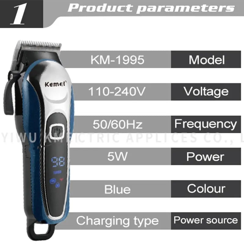 Kemei 1995 Rechargeable LCD Display Hair Clipper Adjustable Powerful Motor Electric Beard Trimmer Men Hair Trimmer Machine