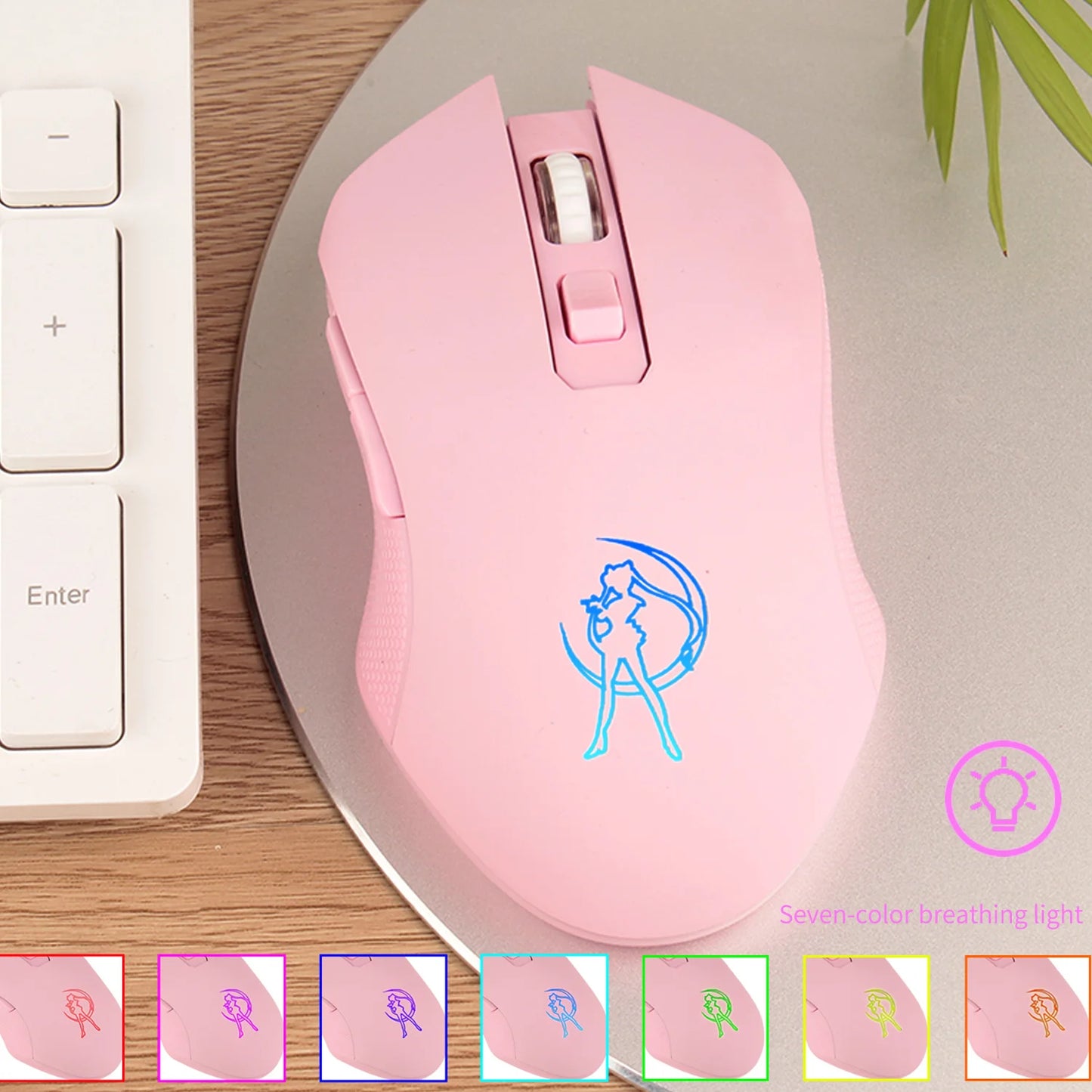 Sailor Moon 2400 DPI Wireless Mouse Rechargeable 7 Colors Backlit Gaming Mause Ergonomic Silent Matte Mice for Laptop Gamer Girl