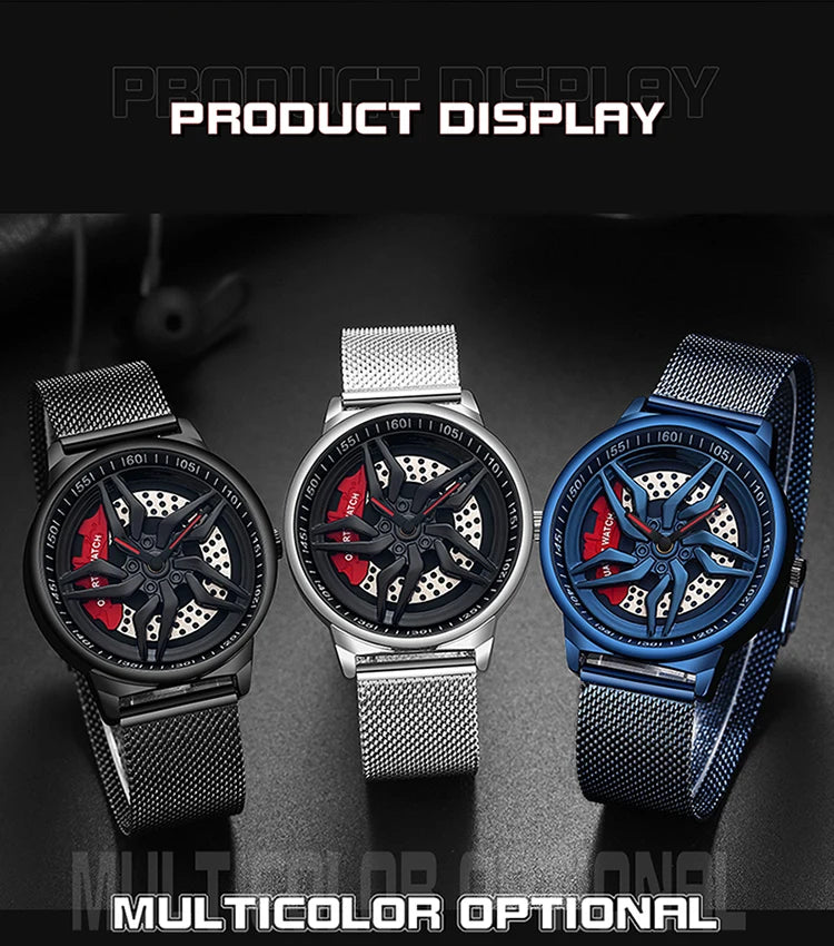 Montre de roue de voiture étanche à cadran rotatif pour hommes, horloge de sport à quartz en acier, montre-bracelet créative avec moyeu de jante et roue