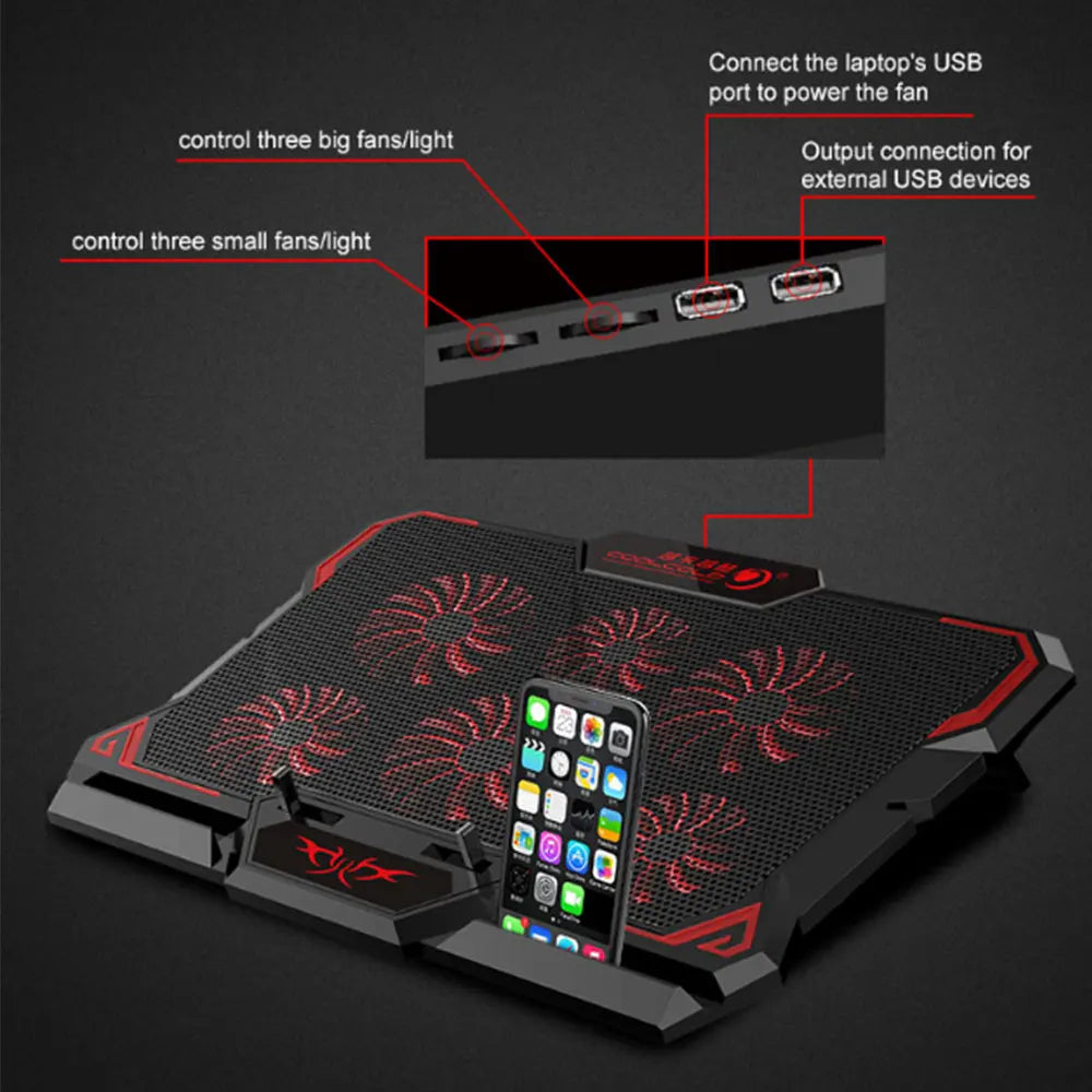 Gaming Laptop Cooler Base Notebook Fan Stand Cooling Radiator Silent Cooling 6 Fan 2 USB Port Laptop Accessories