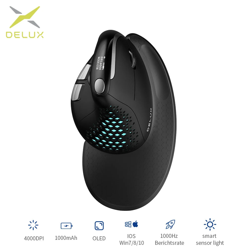 Delux M618XSD Seeker Ergonomic Vertical Mouse with OLED Screen 4000DPI Rechargeable 1000mA Removable Back Cover For Computer