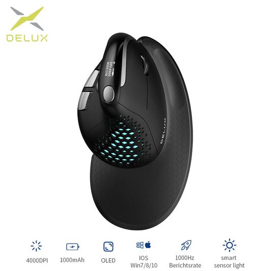 Souris verticale ergonomique Delux M618XSD Seeker avec écran OLED 4000DPI rechargeable 1000mA coque arrière amovible pour ordinateur