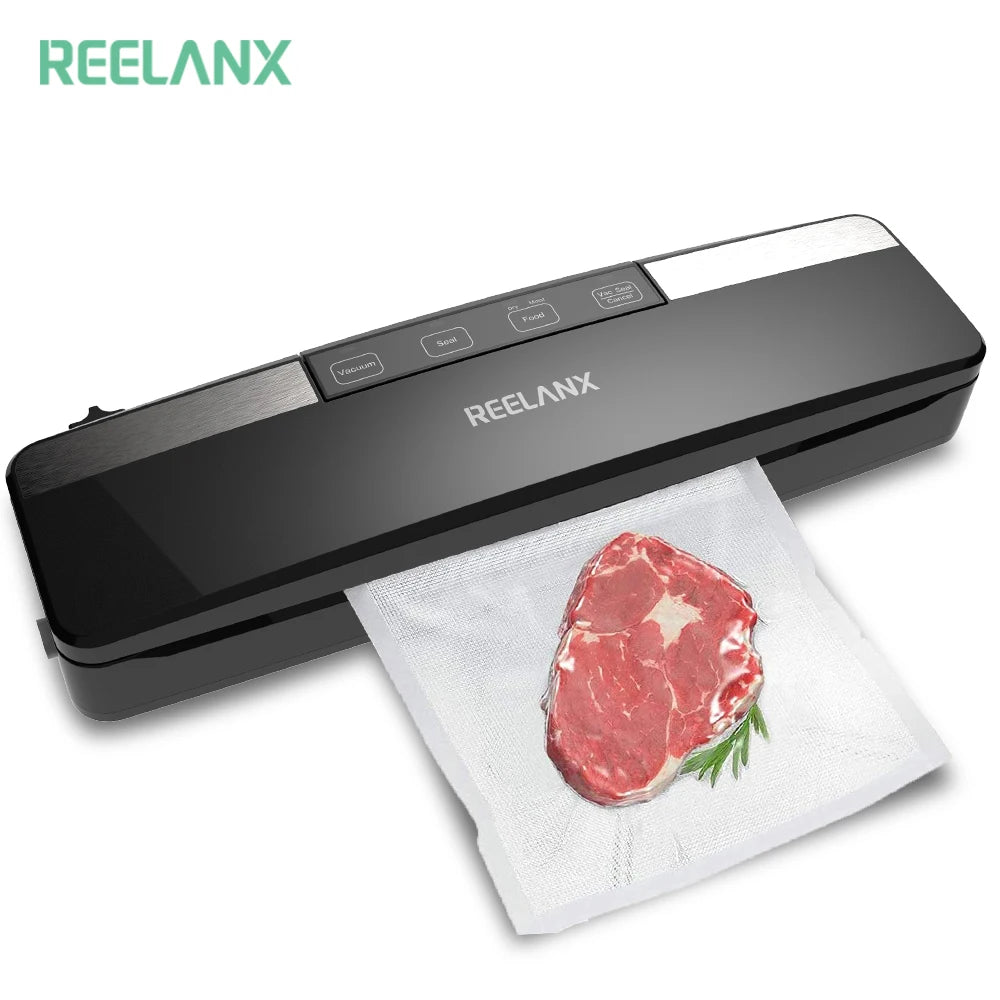 Machine à emballer sous vide REELANX V2 125 W avec coupeur intégré, machine à emballer les aliments automatique, 10 sacs gratuits, meilleure machine à emballer sous vide pour la cuisine