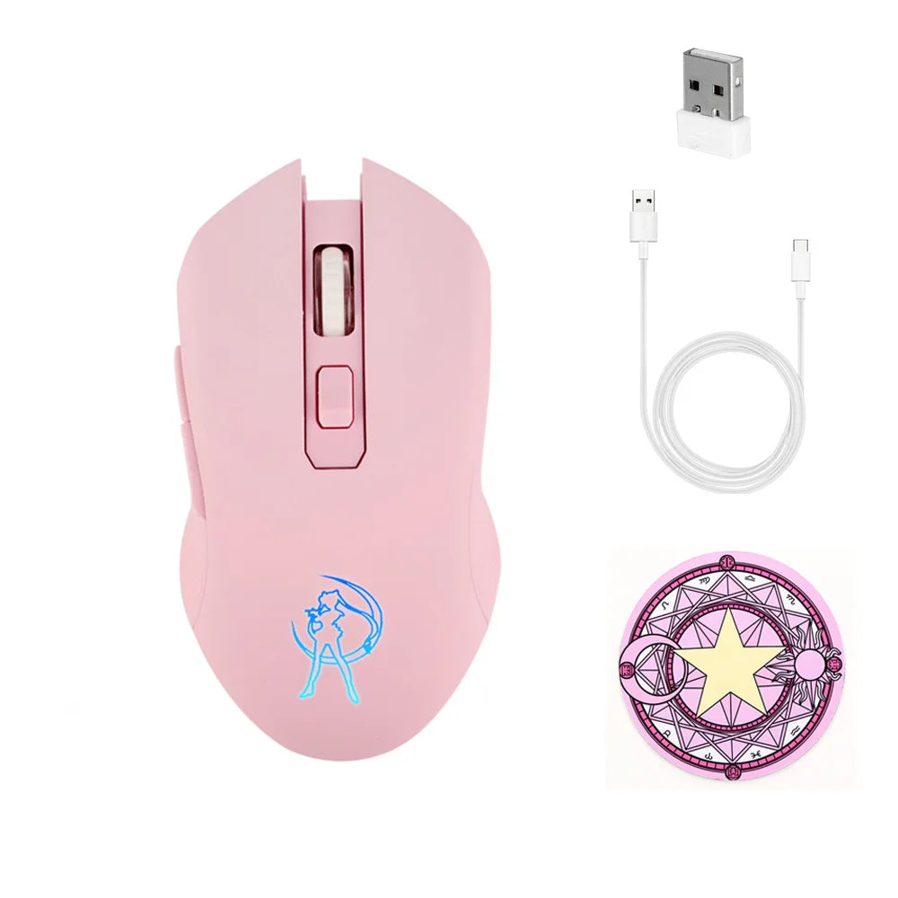 Sailor Moon 2400 DPI Wireless Mouse Rechargeable 7 Colors Backlit Gaming Mause Ergonomic Silent Matte Mice for Laptop Gamer Girl