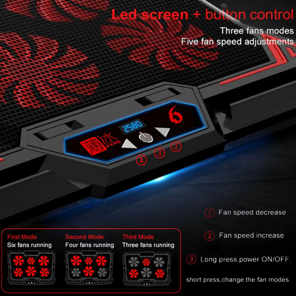 Gaming Laptop Cooler Base Notebook Fan Stand Cooling Radiator Silent Cooling 6 Fan 2 USB Port Laptop Accessories