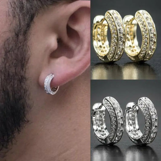 Boucles d'oreilles créoles glacées en oxyde de zirconium cubique, manchette en cartilage, hypoallergénique, boucles d'oreilles rondes de luxe à la mode pour hommes, bijoux