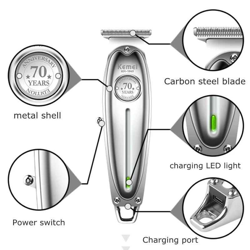 Kemei 1949 Pro Tondeuse à cheveux professionnelle électrique entièrement en métal pour hommes Tondeuse à barbe et cheveux Machine de coupe de cheveux de finition