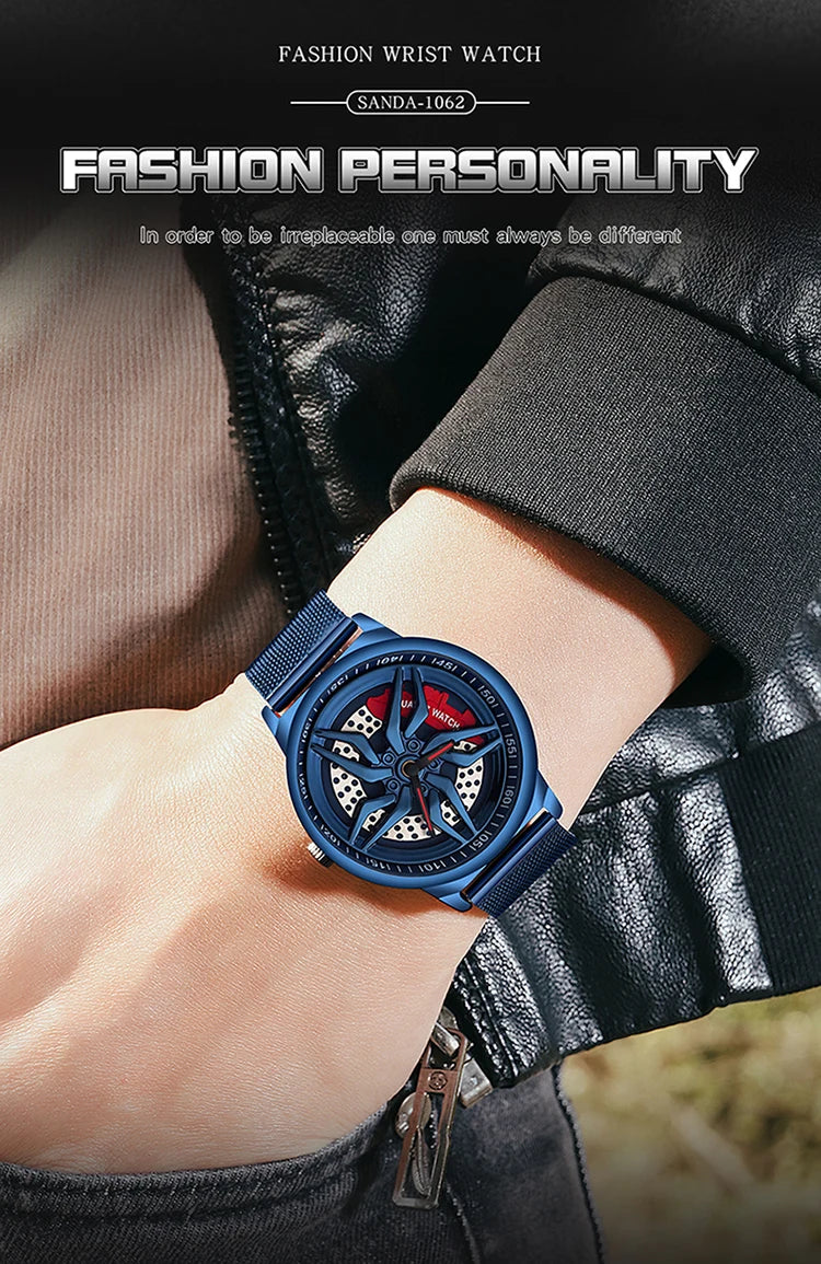 Montre de roue de voiture étanche à cadran rotatif pour hommes, horloge de sport à quartz en acier, montre-bracelet créative avec moyeu de jante et roue