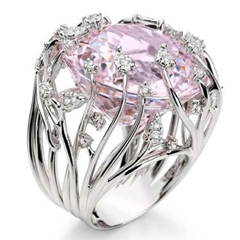 Bague en argent sterling 925 incrustée de cristal rose zircon exagéré pour femme, bijoux de mariage, cadeau