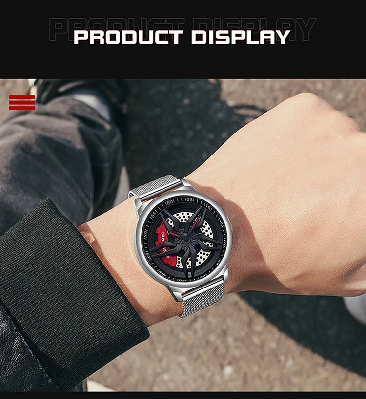 Montre de roue de voiture étanche à cadran rotatif pour hommes, horloge de sport à quartz en acier, montre-bracelet créative avec moyeu de jante et roue