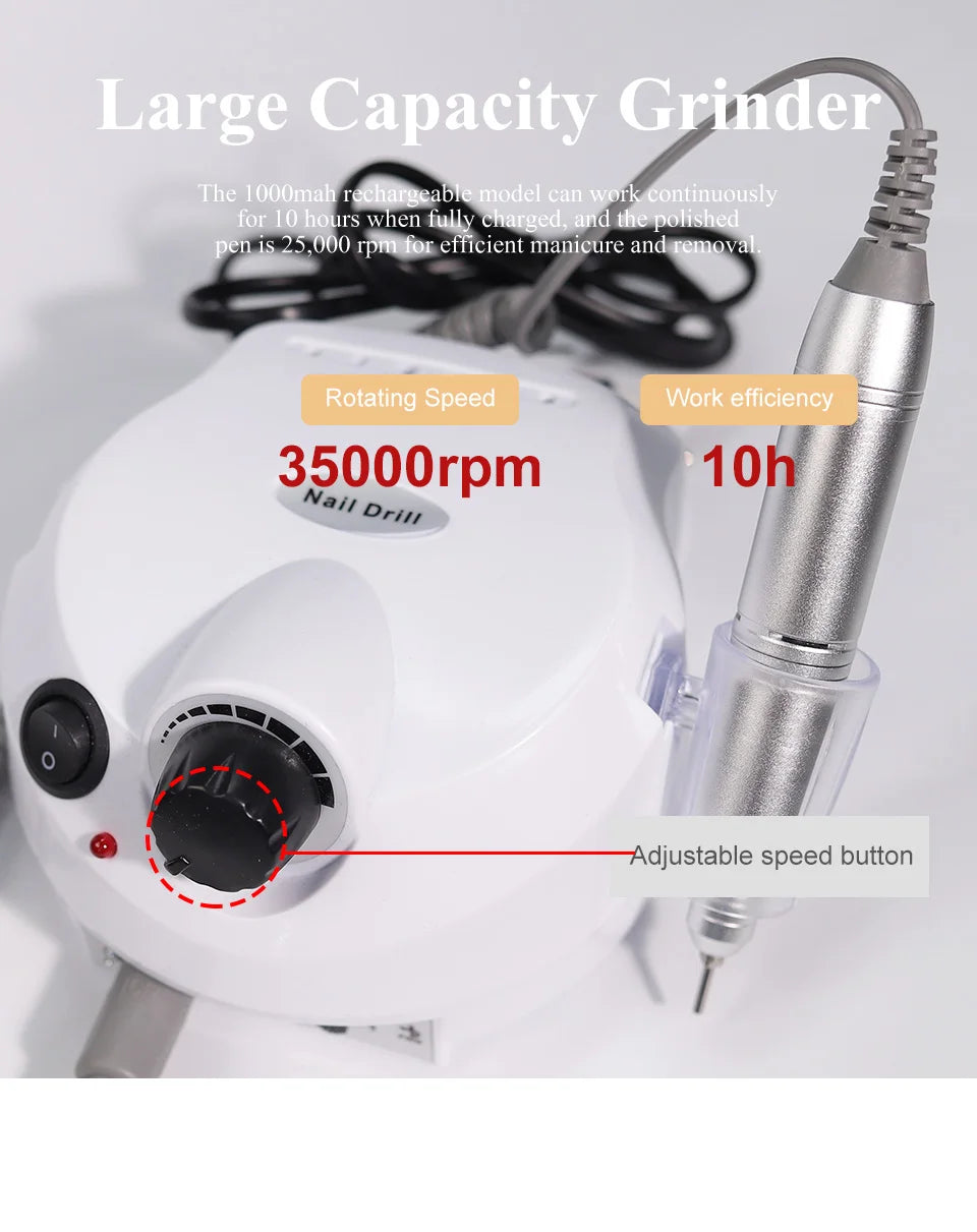 35000RPM Electric Nail Drill Machine Manicure Pedicure Professional Nail Lathe Low Noise Cutters Nail File Kit