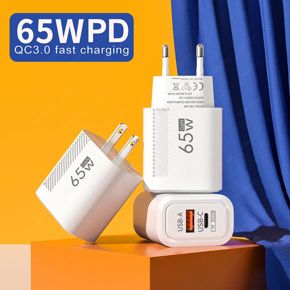 Chargeur USB C total 65 W GaN Chargeur mural à charge rapide pour iPhone Samsung Xiaomi Adaptateur de chargeur de téléphone à charge rapide UE/US