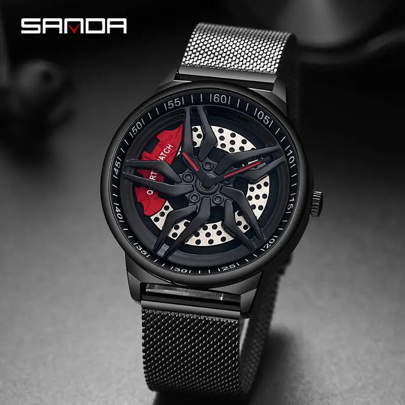 Montre de roue de voiture étanche à cadran rotatif pour hommes, horloge de sport à quartz en acier, montre-bracelet créative avec moyeu de jante et roue