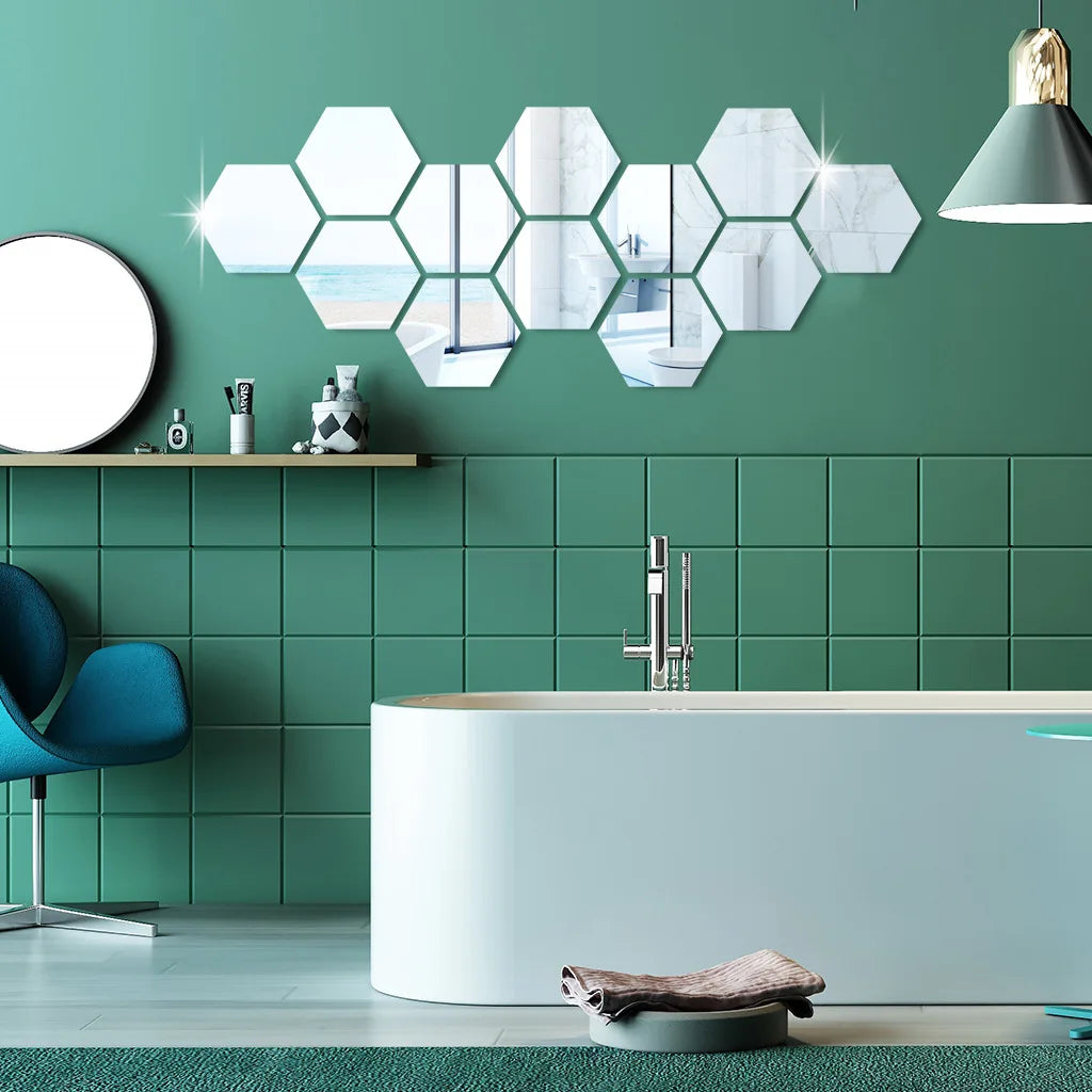 3D Hexagon Mirror Wall Stickers DIY Wall Mirrors Sticker Removable Self Adhesive Aesthetic Mosaic Tiles Decals Home Decoration