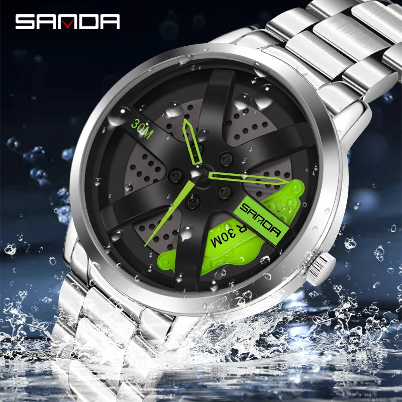 SANDA 1075 Montre-bracelet de voiture tendance pour hommes, cadran rotatif à 360 degrés, en cuir inoxydable, étanche, horloge à quartz de sport