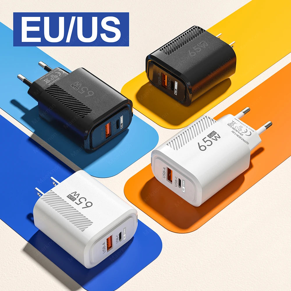 Chargeur USB C total 65 W GaN Chargeur mural à charge rapide pour iPhone Samsung Xiaomi Adaptateur de chargeur de téléphone à charge rapide UE/US