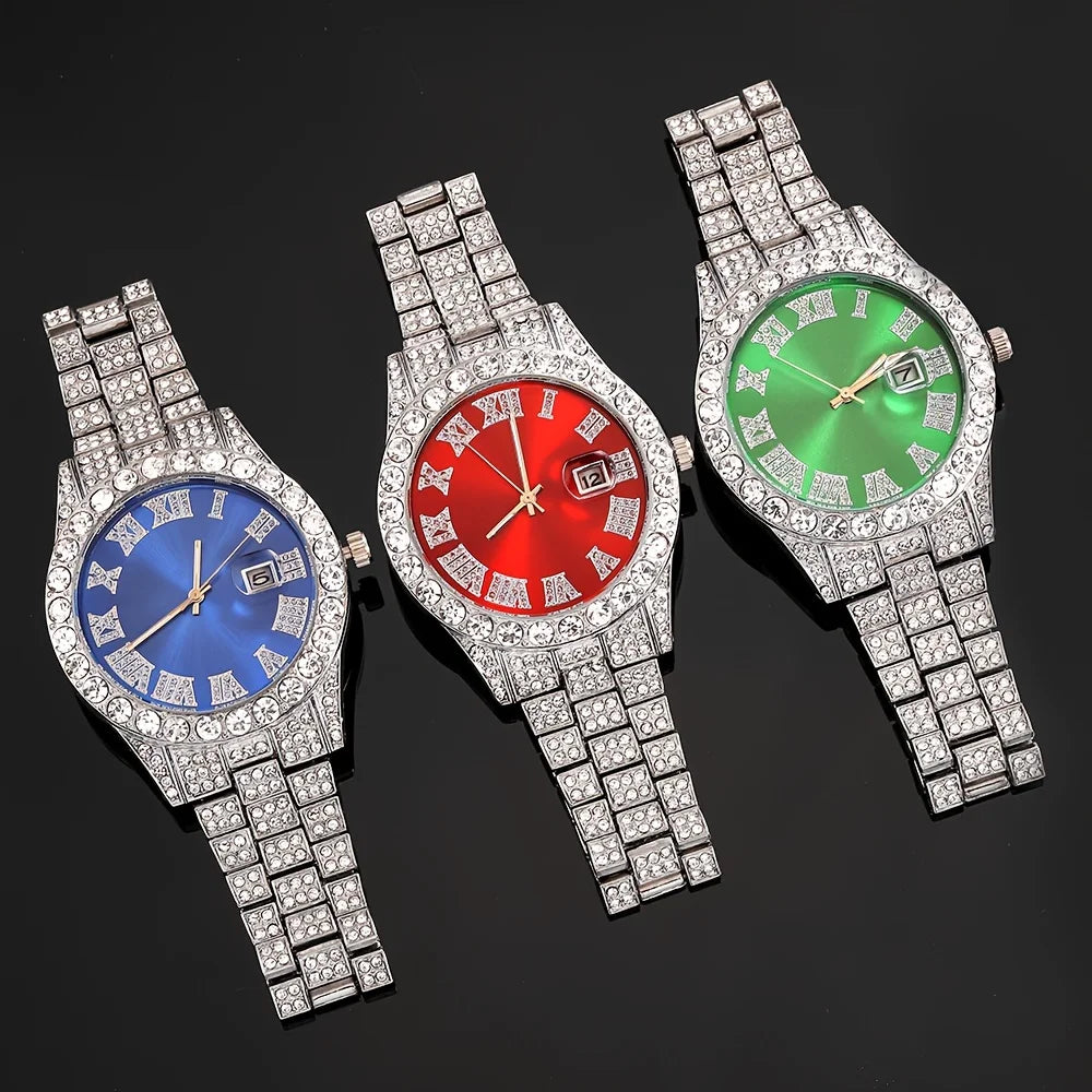 Ensemble de 4 montres-bracelets Bling pour hommes et collier à chaîne cubaine Hip Hop - Accentué de strass, cadran rond, mouvement à quartz électronique