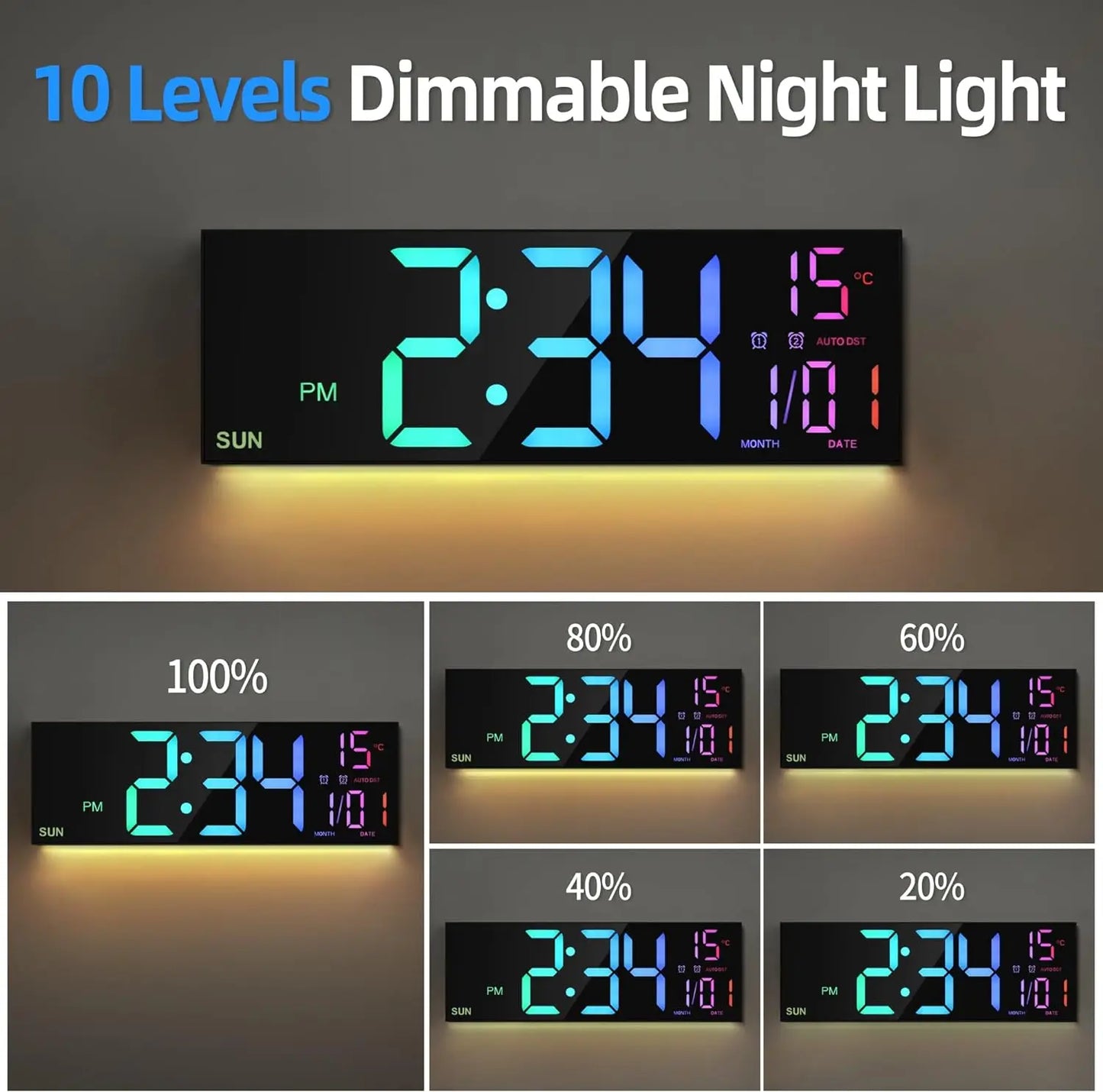 16.2'' Large Digital Wall Clock with Remote Control Big LED/Dual Alarm/8 RGB Colors Digital Alarm Clock Electronic Watch