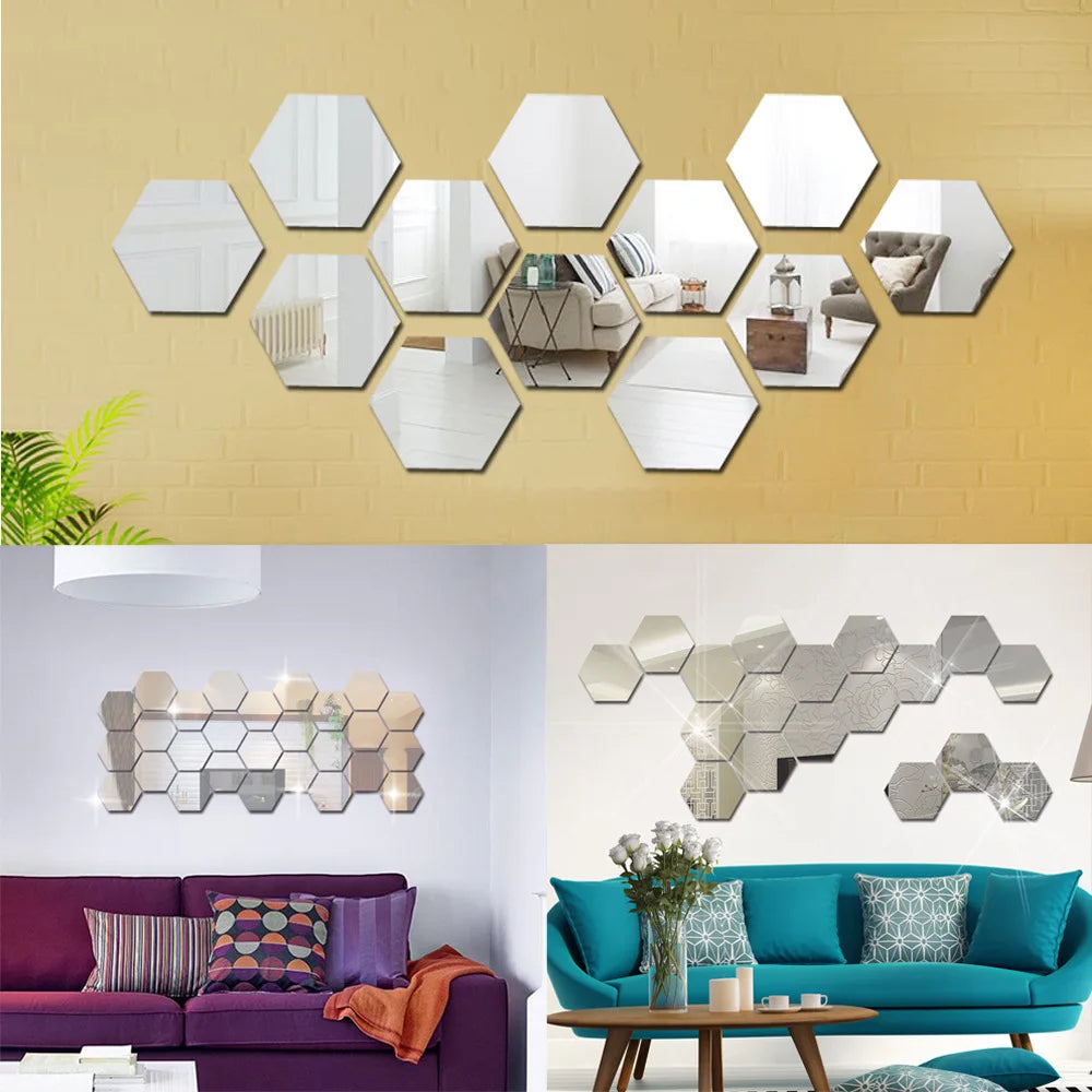 3D Hexagon Mirror Wall Stickers DIY Wall Mirrors Sticker Removable Self Adhesive Aesthetic Mosaic Tiles Decals Home Decoration