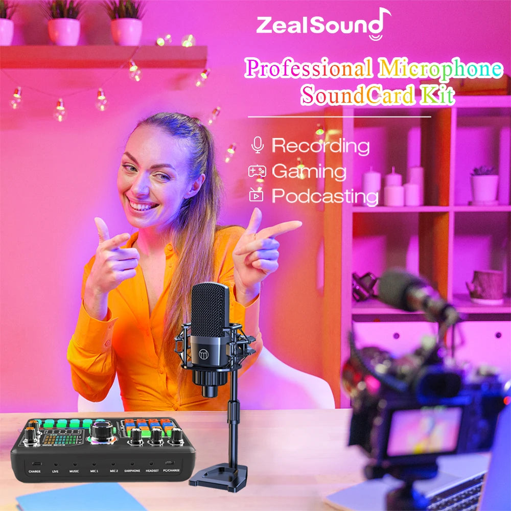 Kit de carte son pour microphone de podcast professionnel Zealsound pour PC, smartphone, ordinateur portable, enregistrement de vlog, streaming en direct sur YouTube