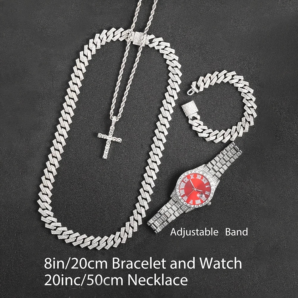 Ensemble de 4 montres-bracelets Bling pour hommes et collier à chaîne cubaine Hip Hop - Accentué de strass, cadran rond, mouvement à quartz électronique