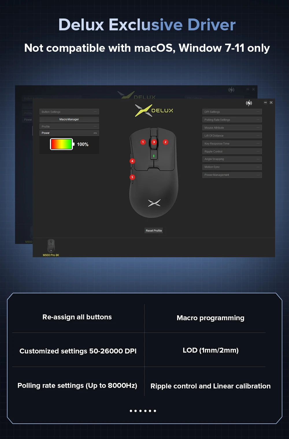 Delux M900PRO Wireless Gaming Mouse Ergonomic 8K Polling Rate PAW3395 63g Magnetic RGB Charging Dock for Right Big Hand PC Gamer