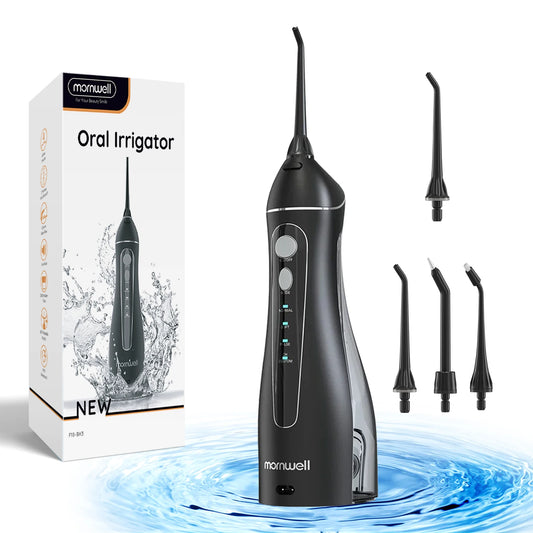 Irrigateur buccal rechargeable USB Mornwell F18, jet d'eau dentaire portable avec 4 buses, réservoir d'eau de 200 ml, étanche