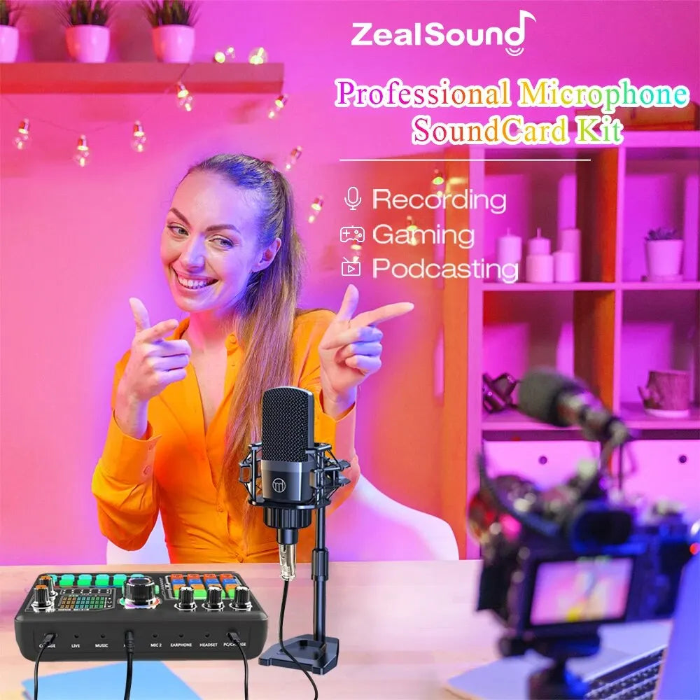 Kit de carte son pour microphone de podcast professionnel Zealsound pour PC, smartphone, ordinateur portable, enregistrement de vlog, streaming en direct sur YouTube