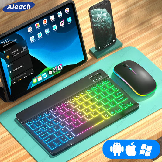 Clavier pour tablette Android iOS Windows Clavier souris sans fil Clavier rétroéclairé arc-en-ciel compatible Bluetooth pour téléphone iPad