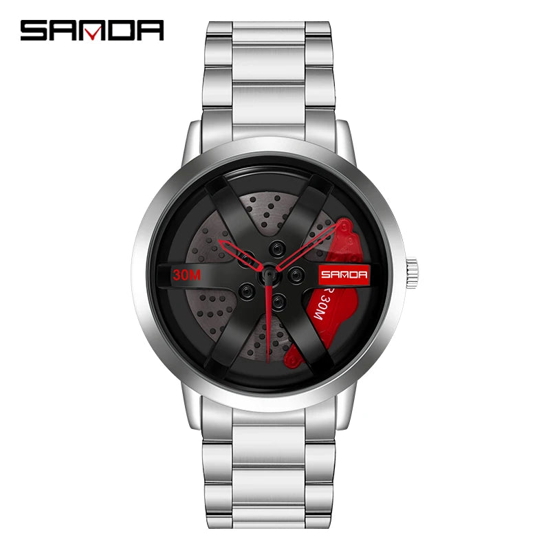 SANDA 1075 Montre-bracelet de voiture tendance pour hommes, cadran rotatif à 360 degrés, en cuir inoxydable, étanche, horloge à quartz de sport