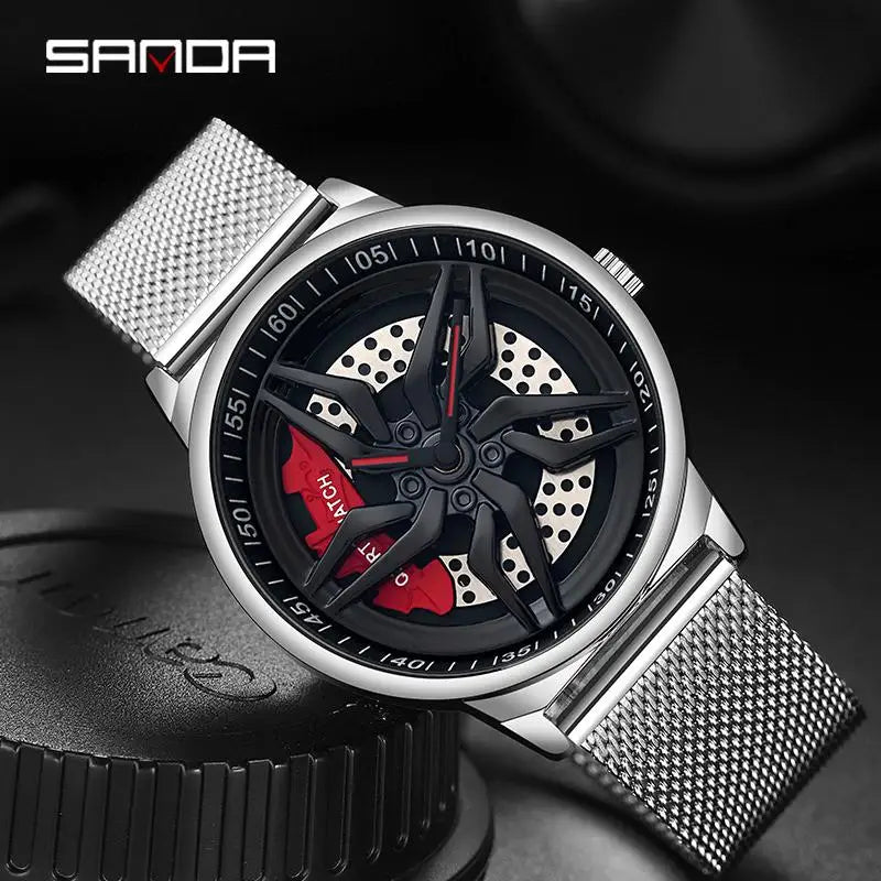 Montre de roue de voiture étanche à cadran rotatif pour hommes, horloge de sport à quartz en acier, montre-bracelet créative avec moyeu de jante et roue