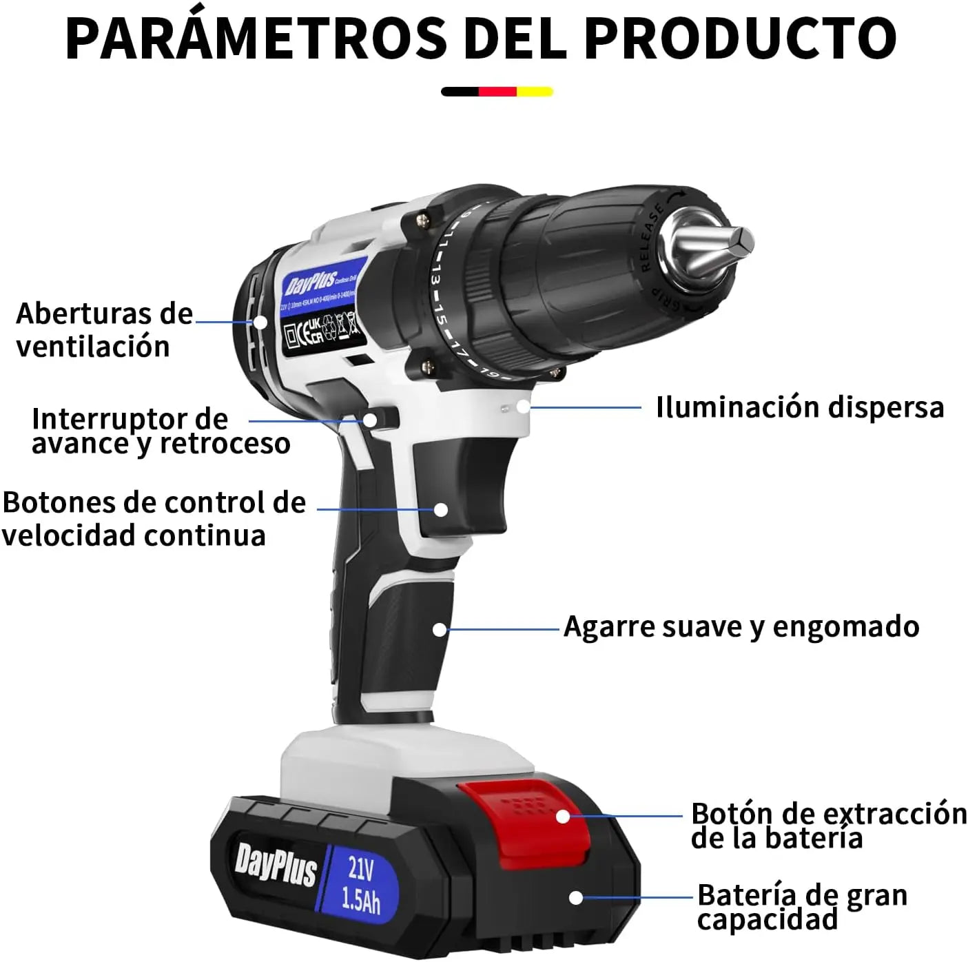 DayPlus 21V Perceuse électrique sans fil portable avec tournevis à percussion et batterie Li-ion 1500mAh Réglage de couple 25+1 45N.m