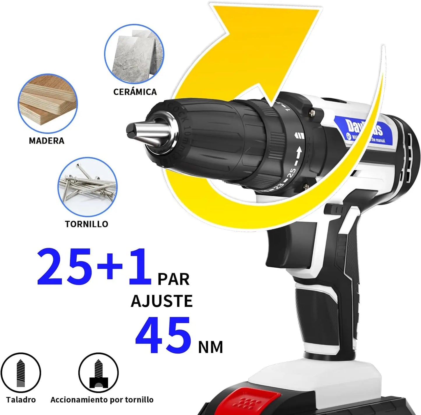 DayPlus 21V Perceuse électrique sans fil portable avec tournevis à percussion et batterie Li-ion 1500mAh Réglage de couple 25+1 45N.m