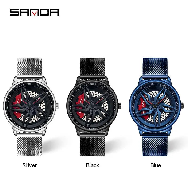 Montre de roue de voiture étanche à cadran rotatif pour hommes, horloge de sport à quartz en acier, montre-bracelet créative avec moyeu de jante et roue