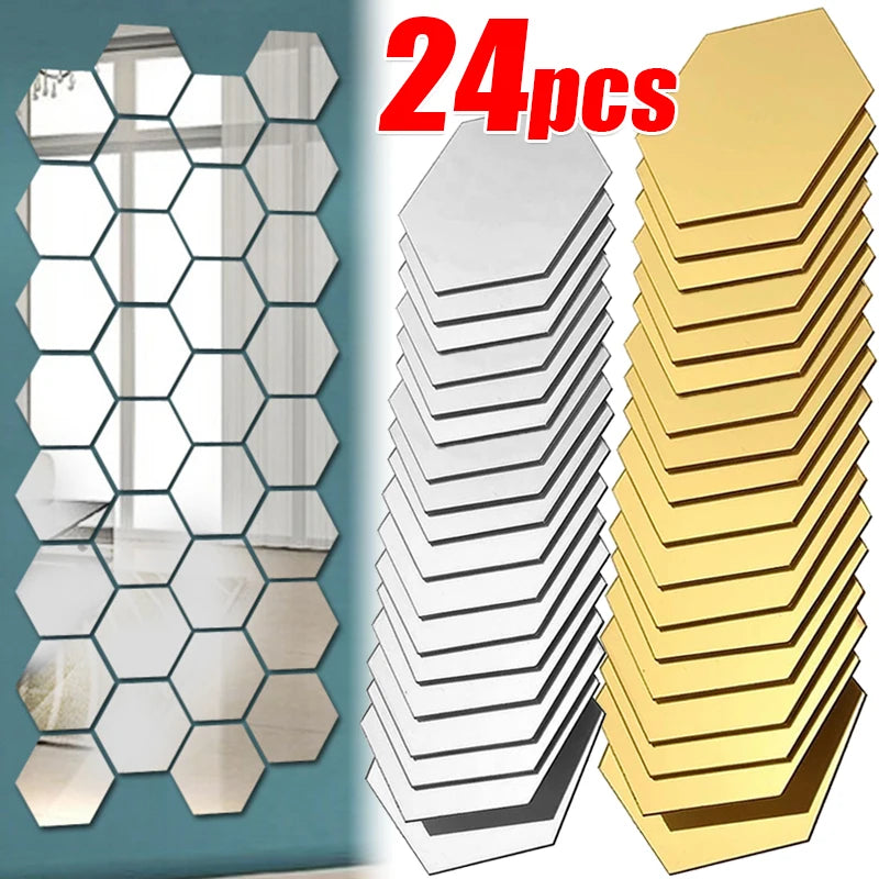 3D Hexagon Mirror Wall Stickers DIY Wall Mirrors Sticker Removable Self Adhesive Aesthetic Mosaic Tiles Decals Home Decoration