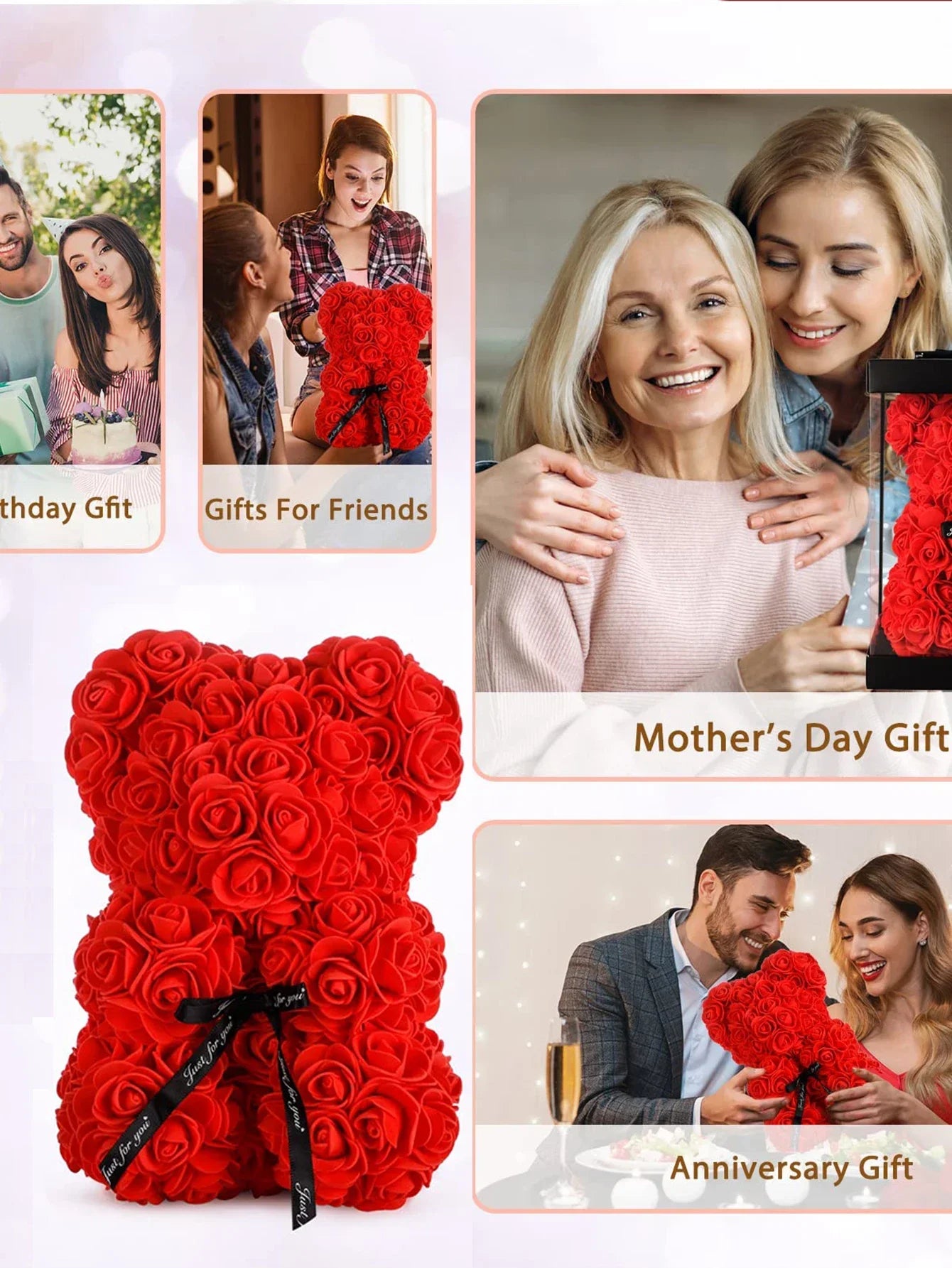 1pc Fleur Artificielle Rose Éternelle Ours en Peluche pour Maman Fête des Mères Anniversaire Saint Valentin Anniversaire Cadeaux et Décorations