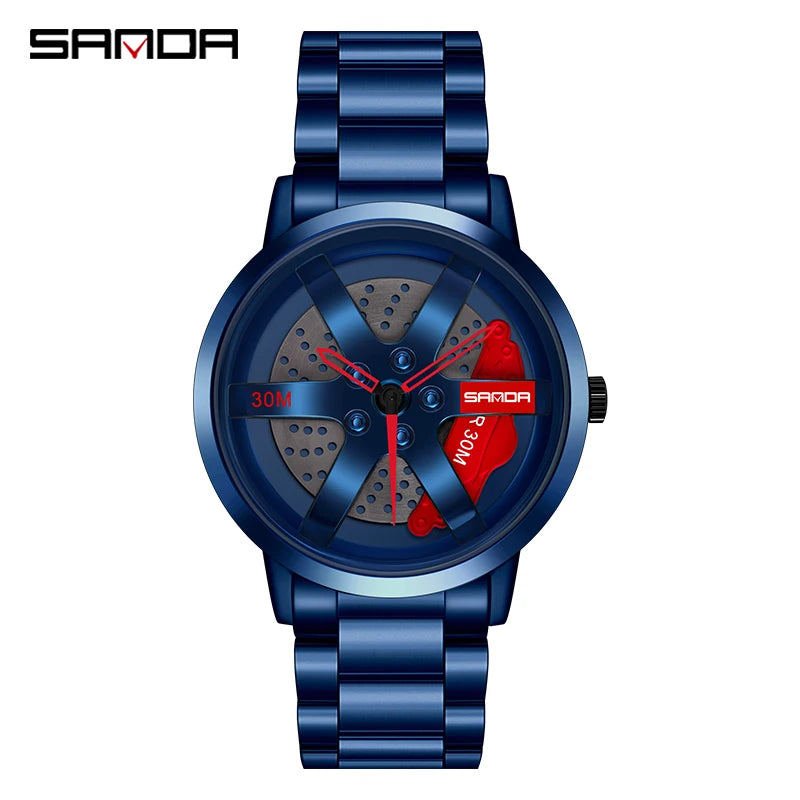 SANDA 1075 Montre-bracelet de voiture tendance pour hommes, cadran rotatif à 360 degrés, en cuir inoxydable, étanche, horloge à quartz de sport