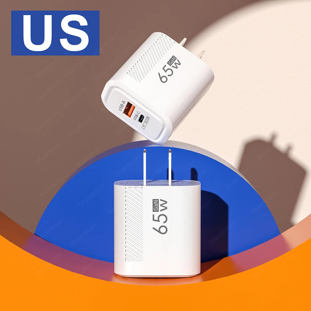 Chargeur USB C total 65 W GaN Chargeur mural à charge rapide pour iPhone Samsung Xiaomi Adaptateur de chargeur de téléphone à charge rapide UE/US