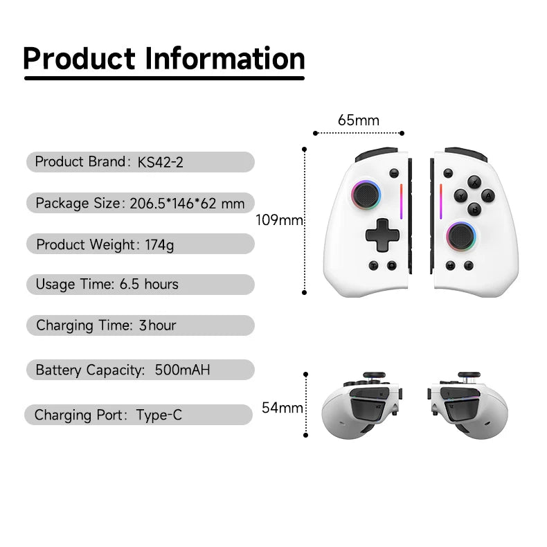 Manette de jeu sans fil LinYuvo KS42 Meteor Light avec 8 lumières RVB de couleur pour Switch/Lite/OLED, avec programmable, turbo et vibration