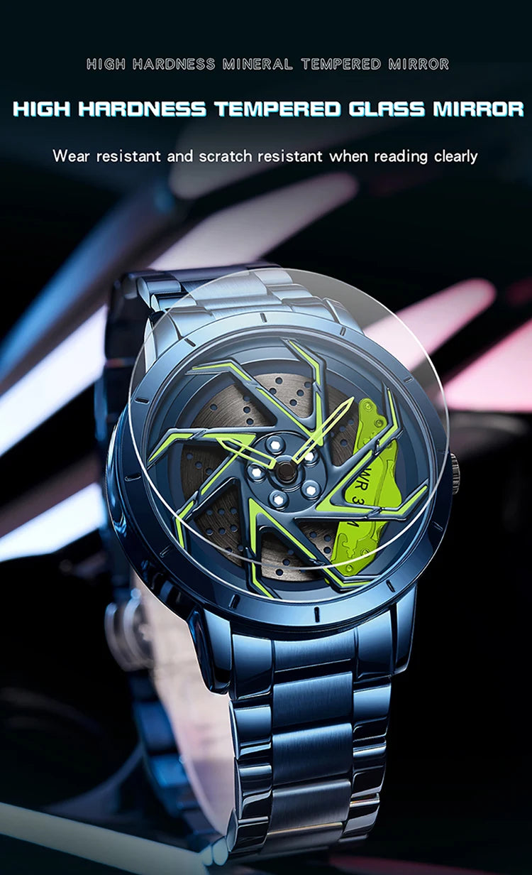 Montres de sport étanches en acier inoxydable pour hommes avec jante de voiture, cadran rotatif à 360 degrés, montre-bracelet à quartz