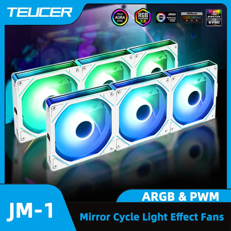 TEUCER JM-1 PC Case Fan 120mm ARGB Mirror Cycle Light Effect Cooling Fan 4PIN PWM Low noise Chassis Water Cooling Ventilador