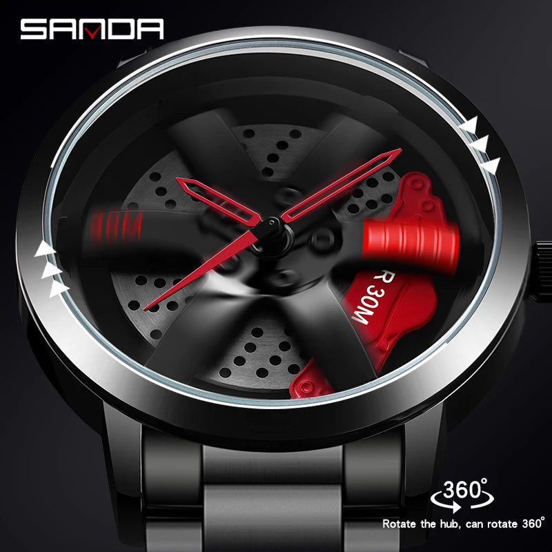 SANDA 1075 Montre-bracelet de voiture tendance pour hommes, cadran rotatif à 360 degrés, en cuir inoxydable, étanche, horloge à quartz de sport