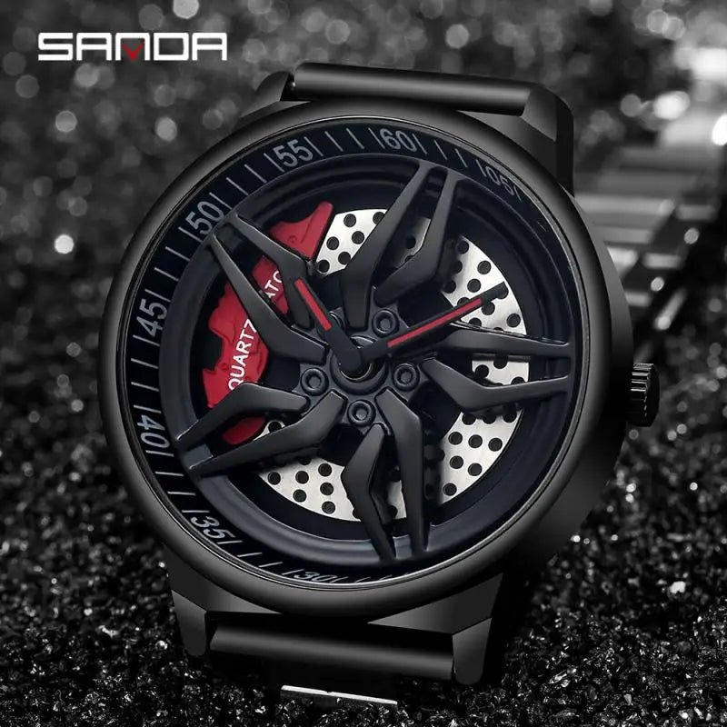 Montre de roue de voiture étanche à cadran rotatif pour hommes, horloge de sport à quartz en acier, montre-bracelet créative avec moyeu de jante et roue