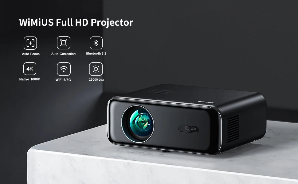 WiMiUS Auto Focus/4K Support Native 1080P Projector with WiFi 6 and Bluetooth 5.2 600ANSI Outdoor Home Projector 6D Keystone