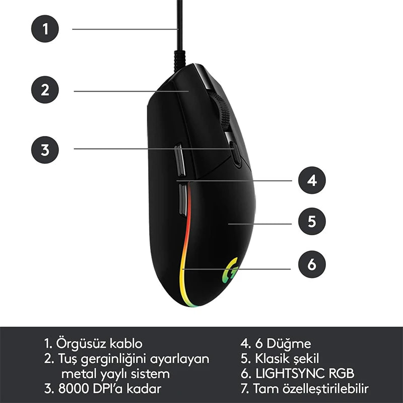 Souris de jeu Logitech G102 USB Type A 8000 DPI PC / Mac / Ordinateur portable Accessoires pour ordinateur portable Souris