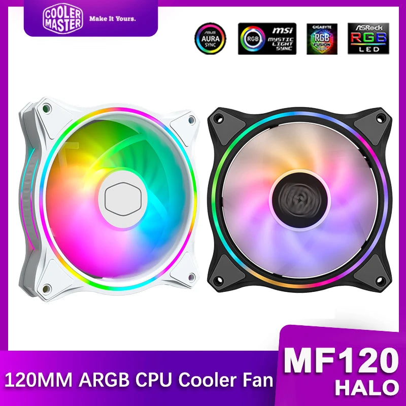 Cooler Master MF120 HALO 120mm Computer Case Fan Addressable 5V/3PIN ARGB Cooling Fan PWM Quiet CPU Cooler Replace Fan