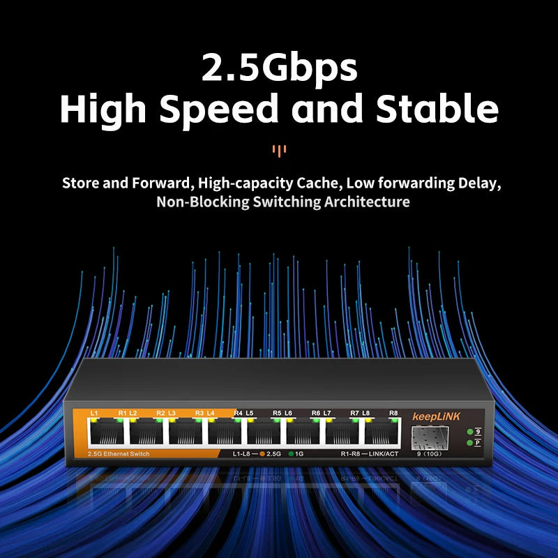 Commutateur géré multi-Gigabit KeepLink à 9 ports avec 8 ports RJ45 2,5 Gb et 1 port 10G SFP+