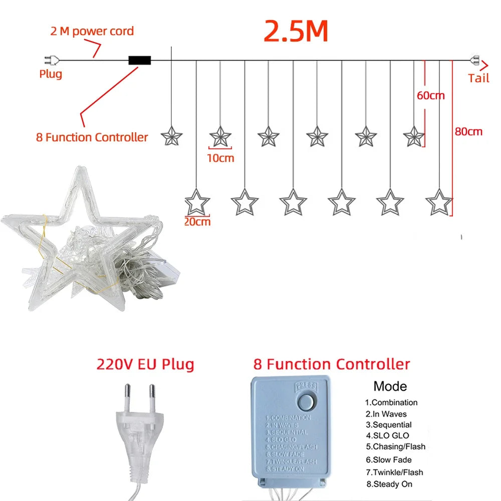 Guirlande lumineuse LED 110 V 220 V, guirlande lumineuse de Noël, étoile, lune, rideau, extérieur, intérieur, pour la maison, fête de mariage, décoration du Nouvel An